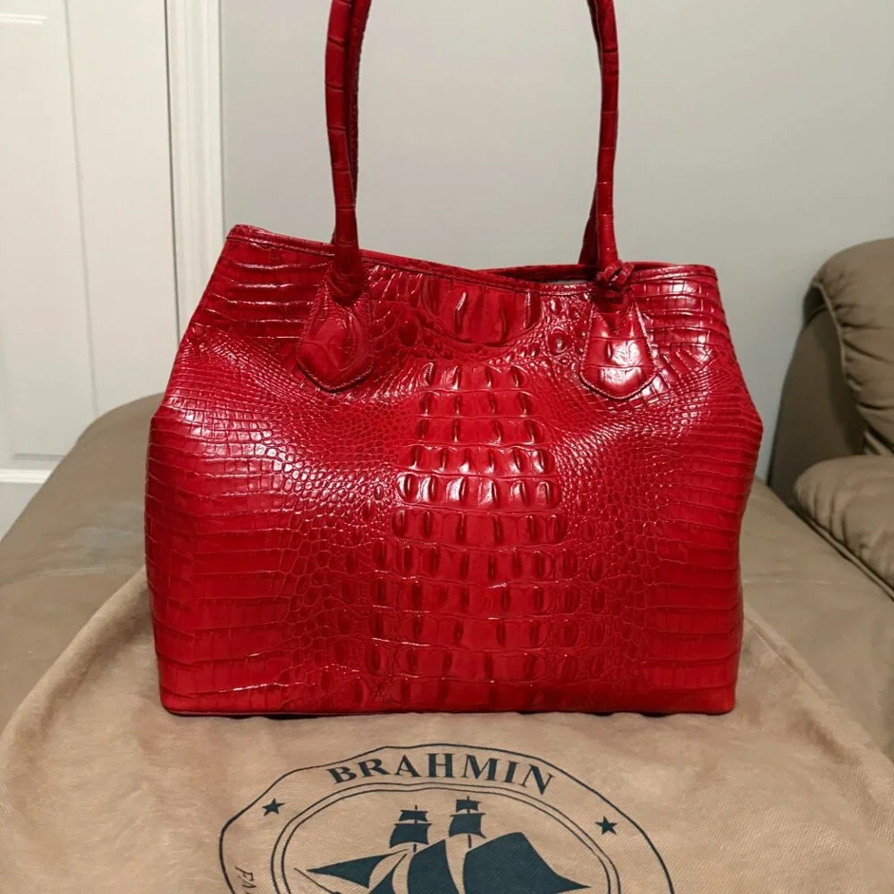 Brahmin Anytime Medium Party Red Croc Embossed Soft Leather Tote BRAND NEW - Picture 2 of 4